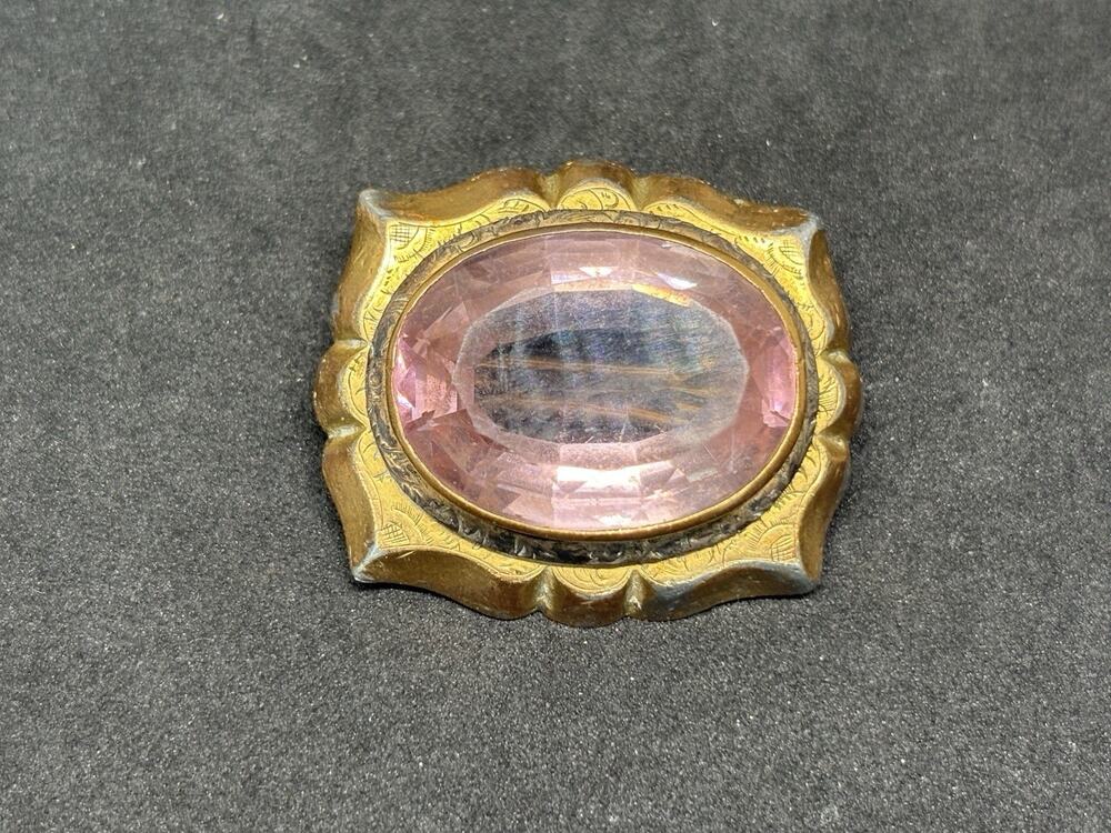 Antique Victorian Gold Filled Engraved Faceted Floral Pink Glass Brooch Pin